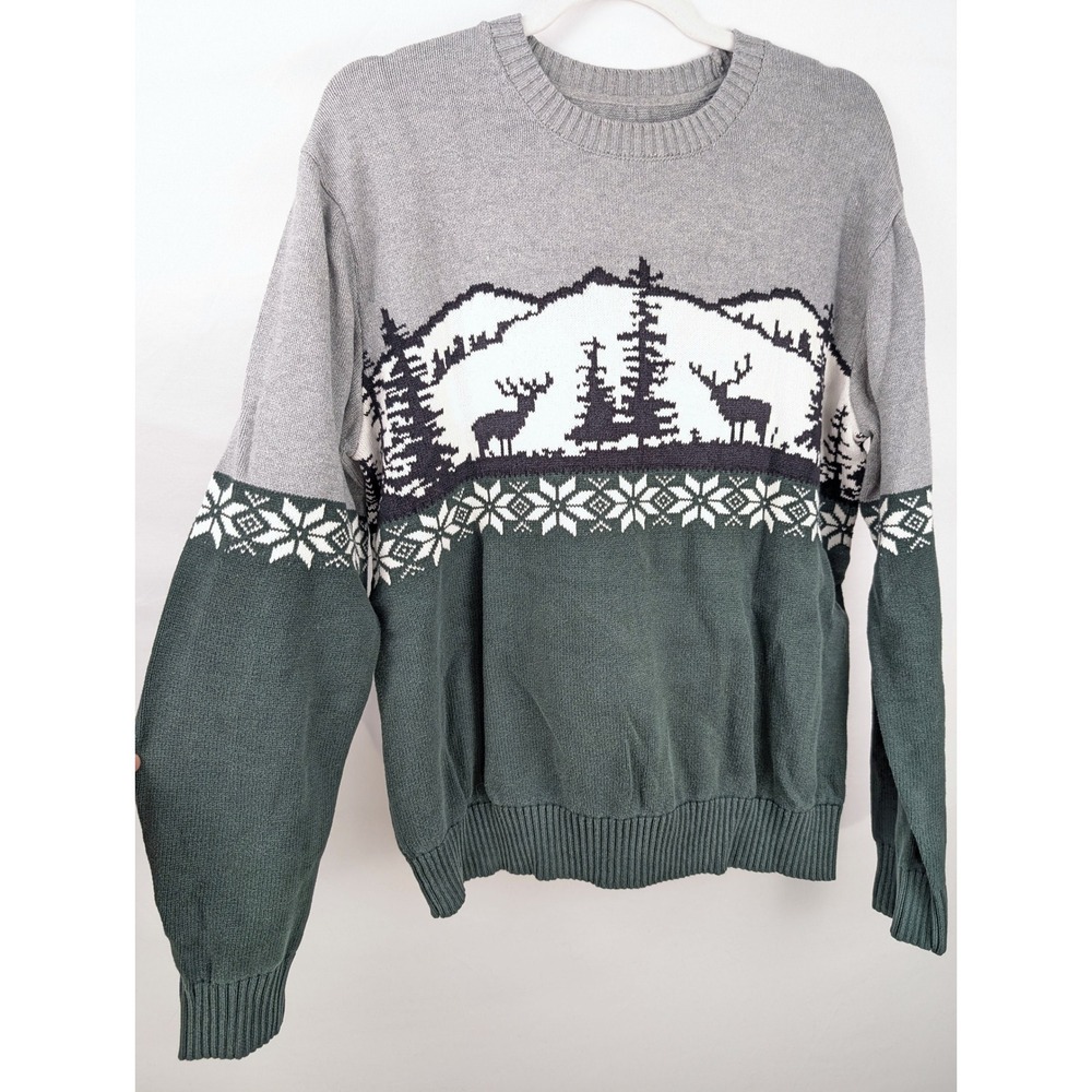 Vintage Scenic Landscape Deer Sweater Size L Green Nordic Mountain Cottagecore